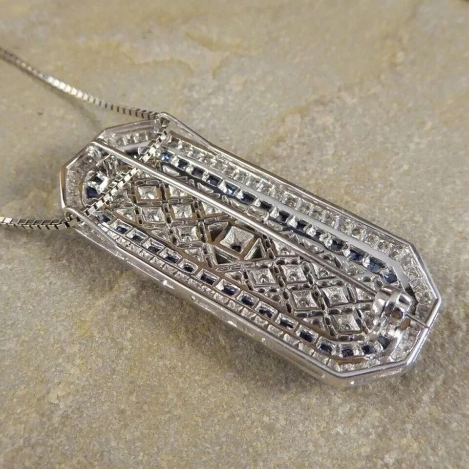 Art Deco Style Lab Created Diamond & Sapphire Wedding 14K White Gold FN Pendant