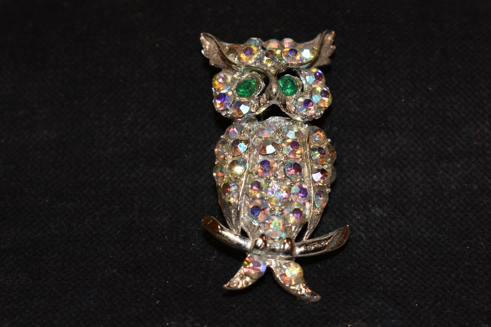 Vintage Aurora Borealis Rhinestone Owl Brooch Pin