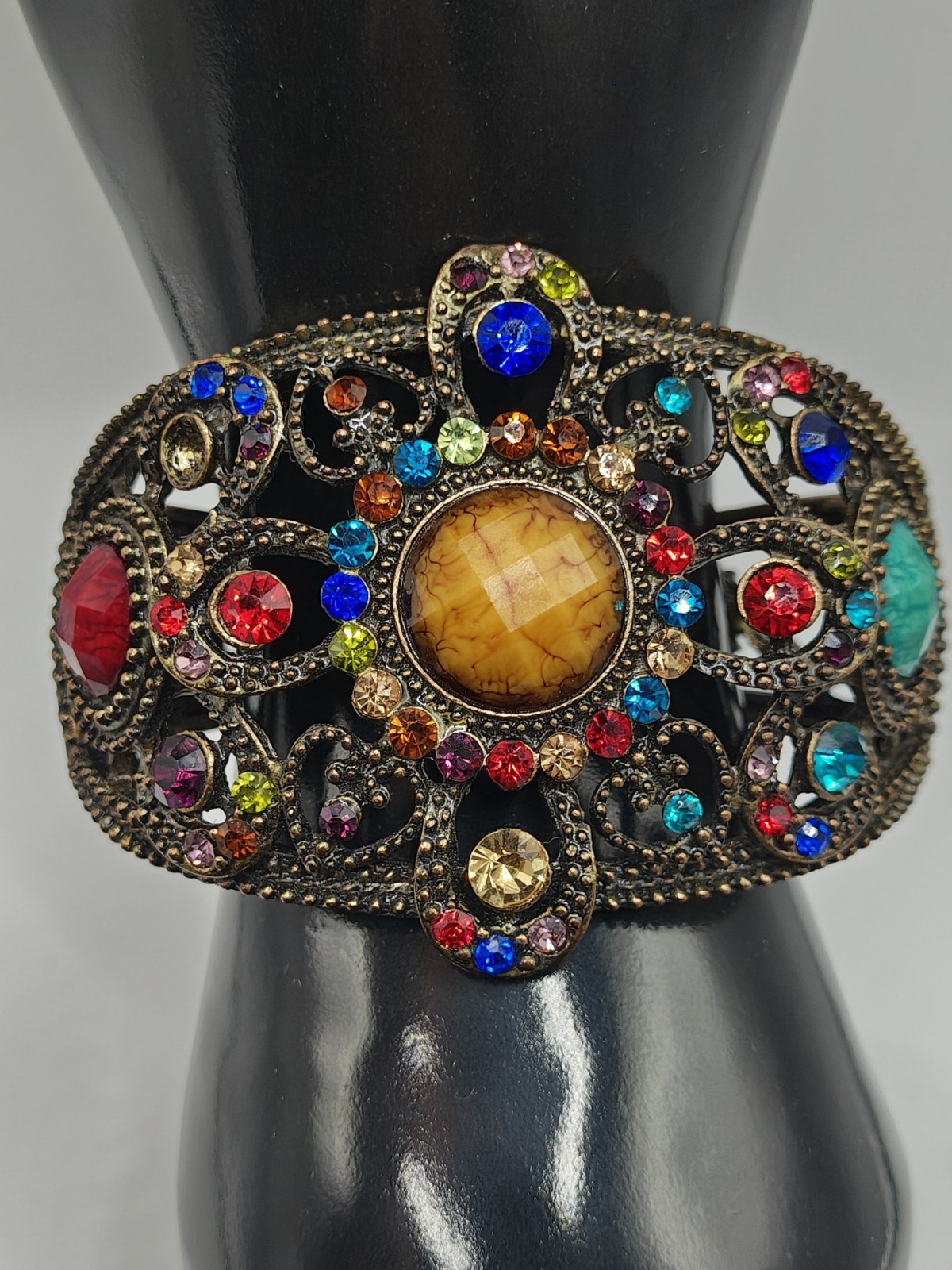 Vintage Red Blue Green Rhinestone Floral Filigree Heart Clamp Bracelet Size 6