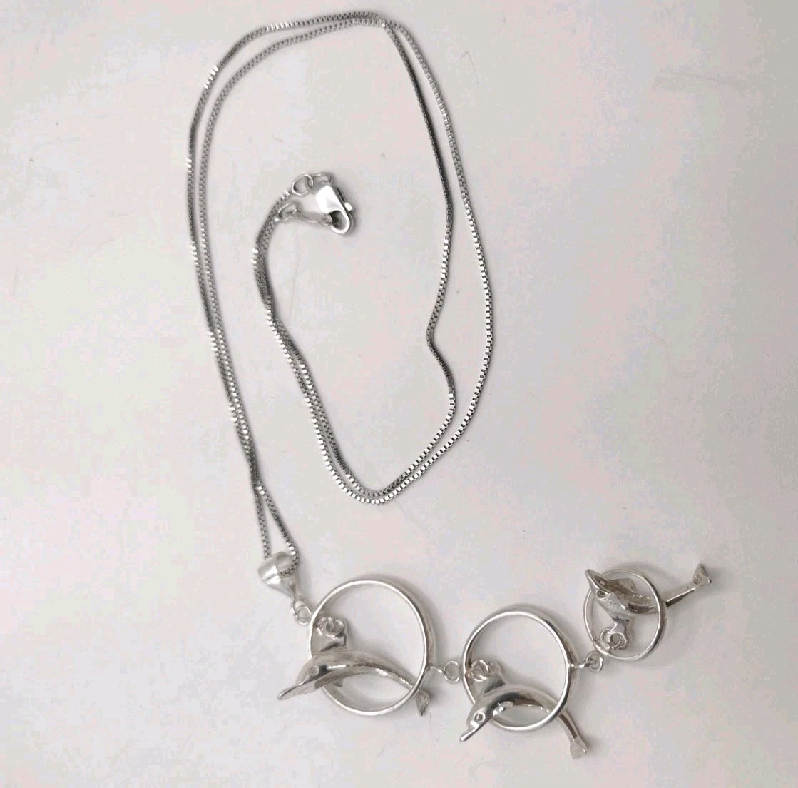 Sterling Silver Box Chain 18″ Necklace NC Jumping Dolphins Pendant 6.4g 0.8mm