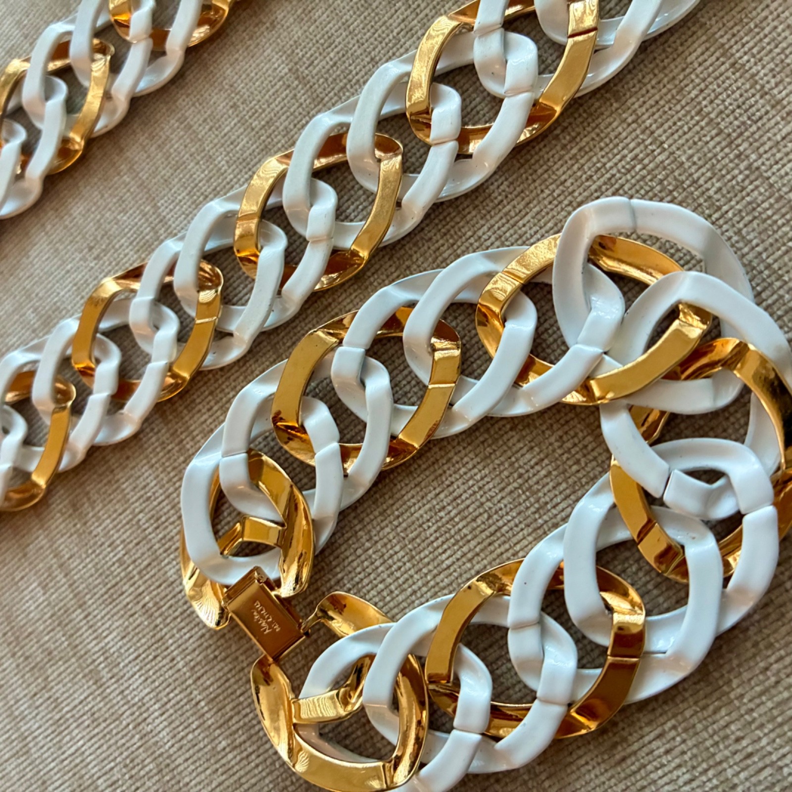 Napier Necklace Bracelet Set White Enamel & Gold Plated Chain Link Statement