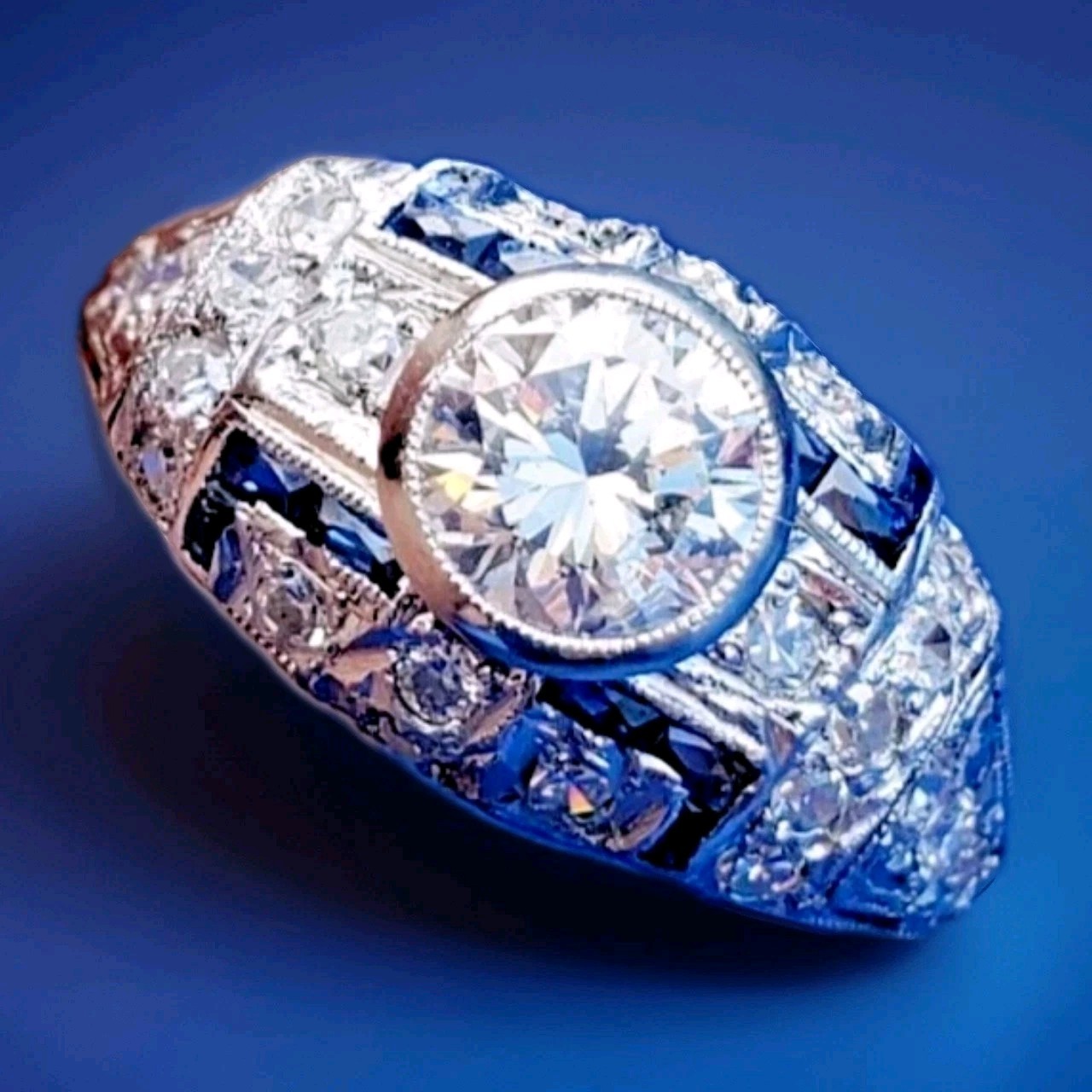 Original EARTH MINED DIAMOND Deco Engagement Ring Platinum Sapphire Solitaire 6