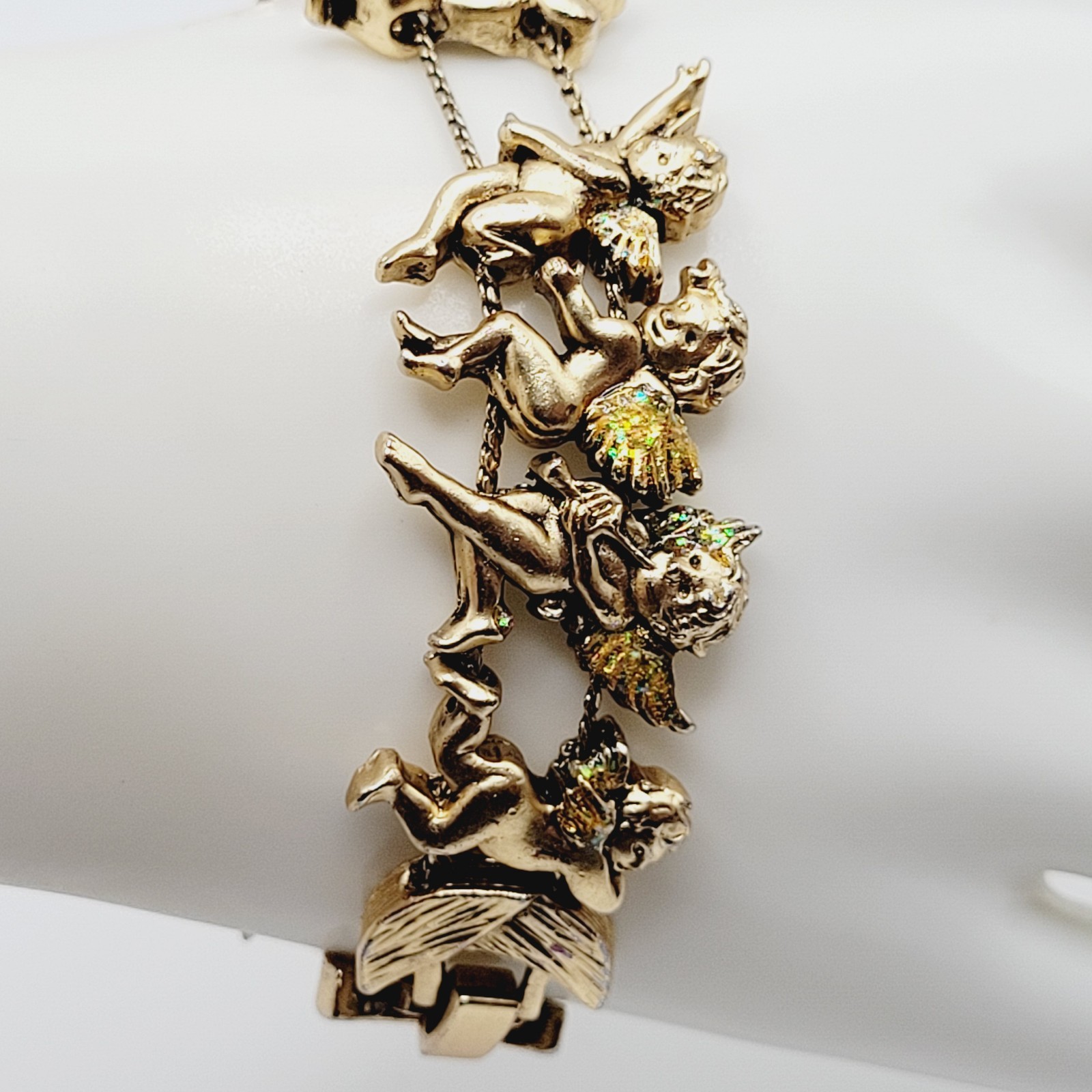 Cherub Angels Iridescent Glitter Wings Gold Tone Vtg Slide Bracelet 7.5 Inch