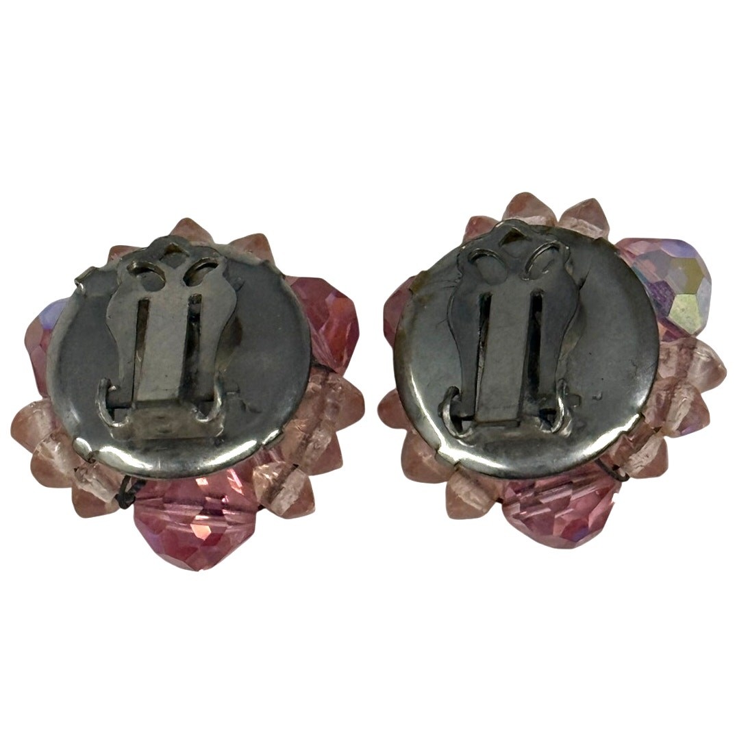 Vintage 1950s Pink Glass Bead Cluster Clip On Earrings Sparkle