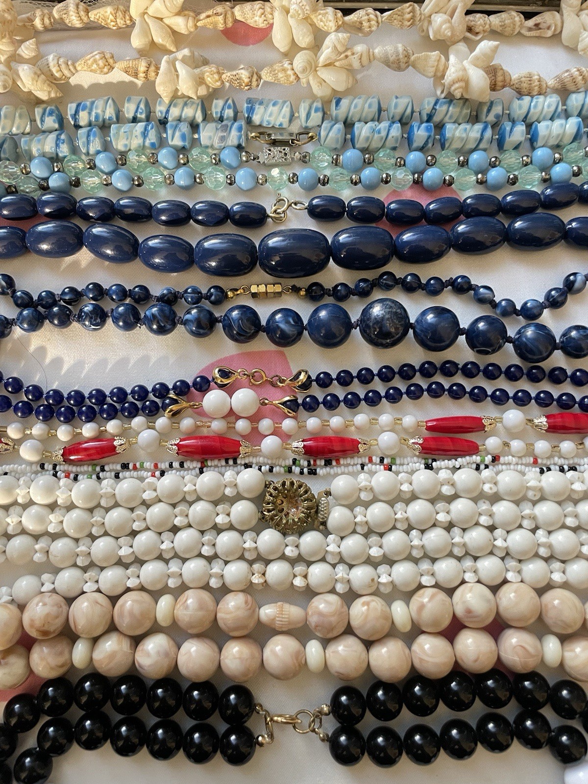 Lot Of 11 Vintage Beaded Necklaces Mixed Materials, Blue Red Black White