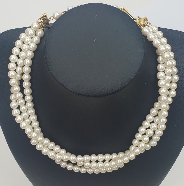 Vtg Faux Pearl Twisted Triple Chain Choker Necklace Chain 12.5″ w/ 2.5″ Extender