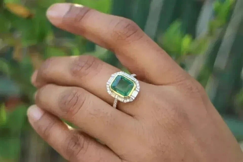 Art Deco Style Lab Created Emerald Cocktail Engagement 14K White Gold FN Ring