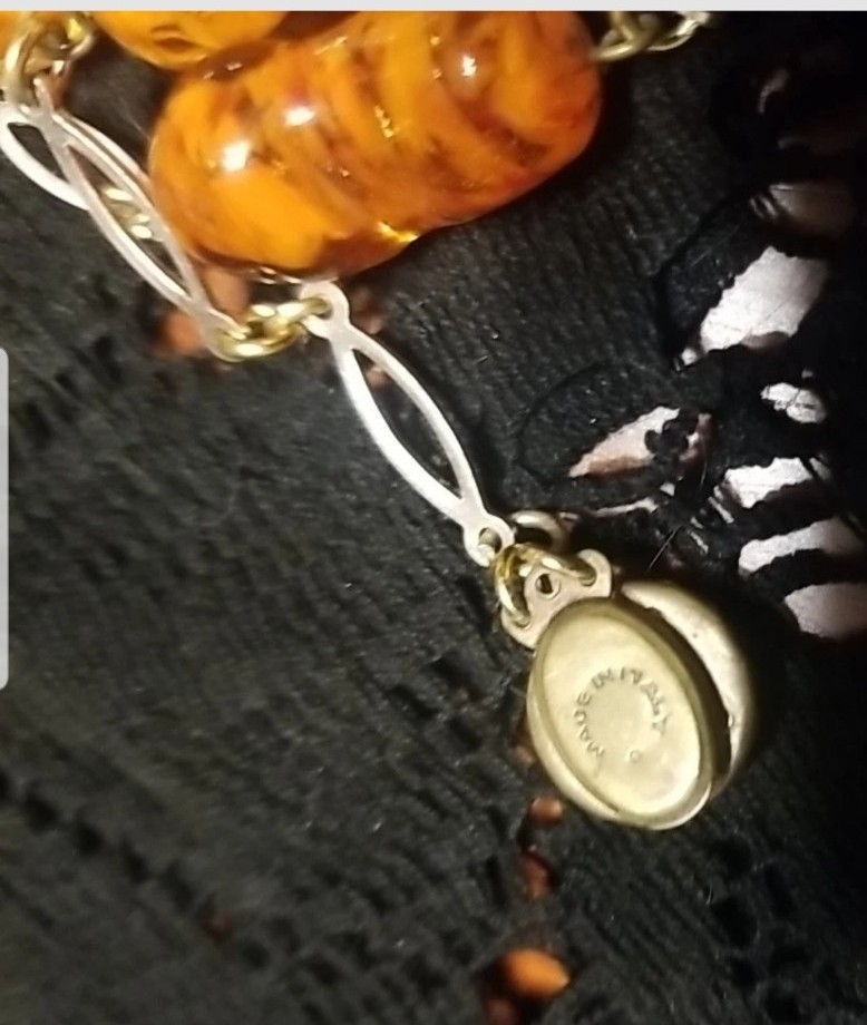 Venetian Antique Necklace, Italian Art Glass, 28″Sterling, Amber Colored, Signed