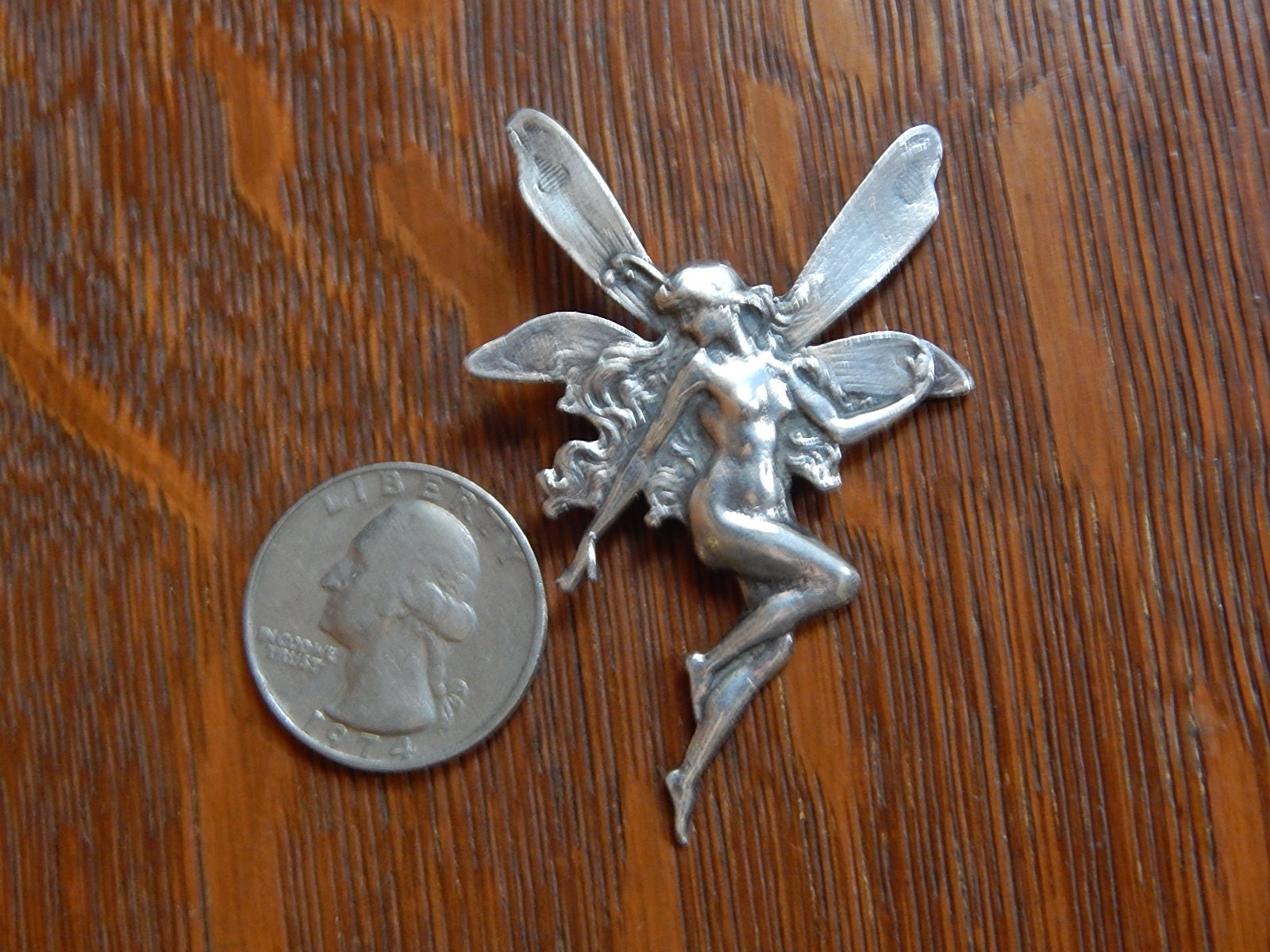 Art Nouveau Fairy Nymph Girl Winged Sterling Silver Pendant Very Good Detail