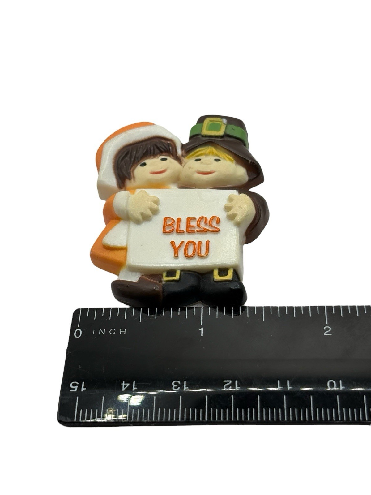 Thanksgiving Pilgrims Pin Brooch BLESS YOU American Greetings VTG Religious 80s