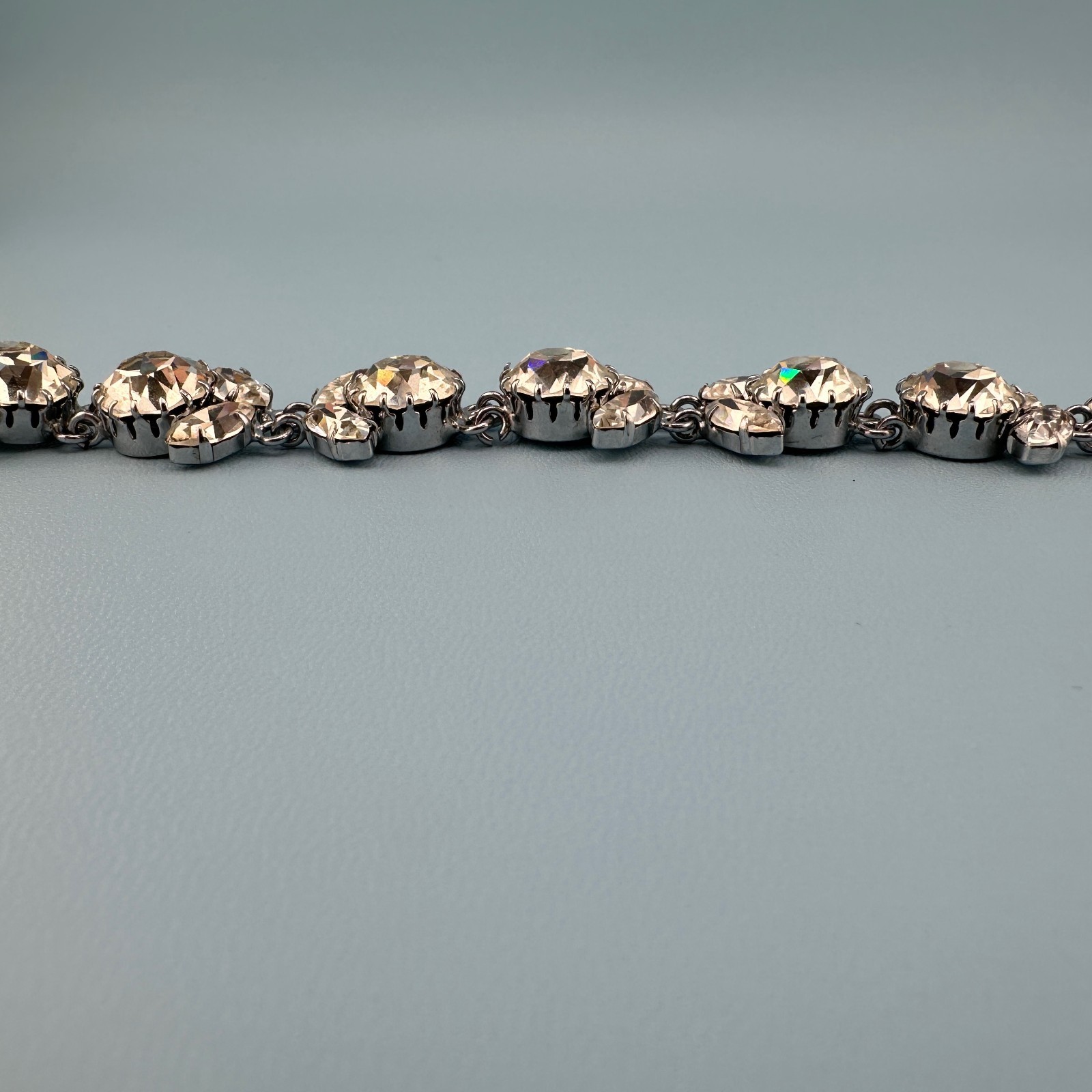 Vintage Austria Crystal Bracelet LG Dentelle Prong Set Silver Tone Safety Chain