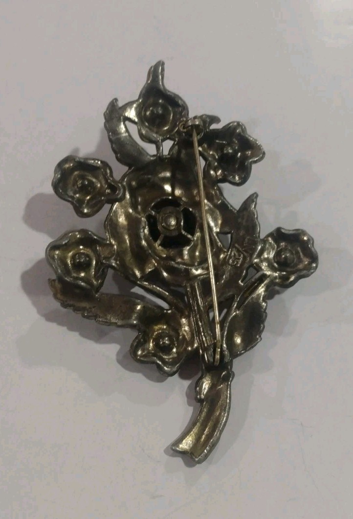 Little Nemo Rhinestone Brooch 1940s Clear Gun Metal Tone VTG Floral Bouquet 3.5″