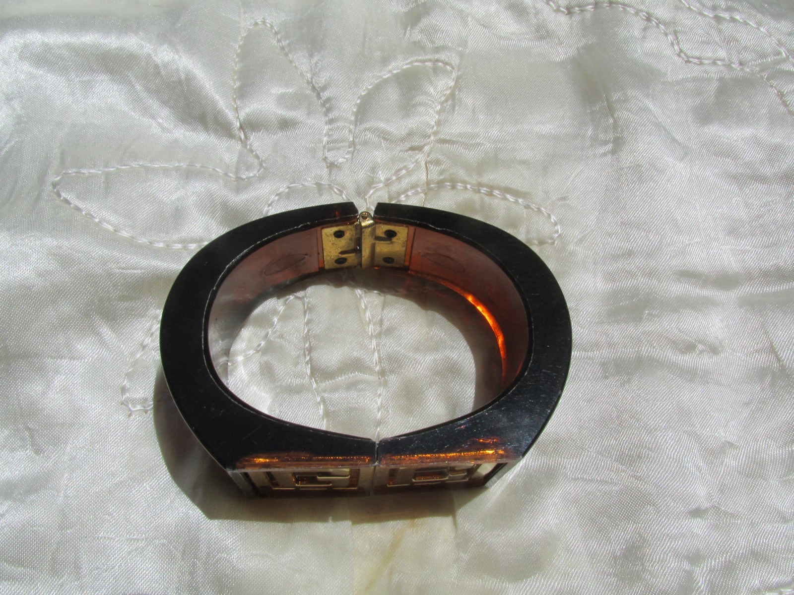Vintage Lucite Clamper Bracelet GC Initials Brown 6.5″ Gold Plated Statement