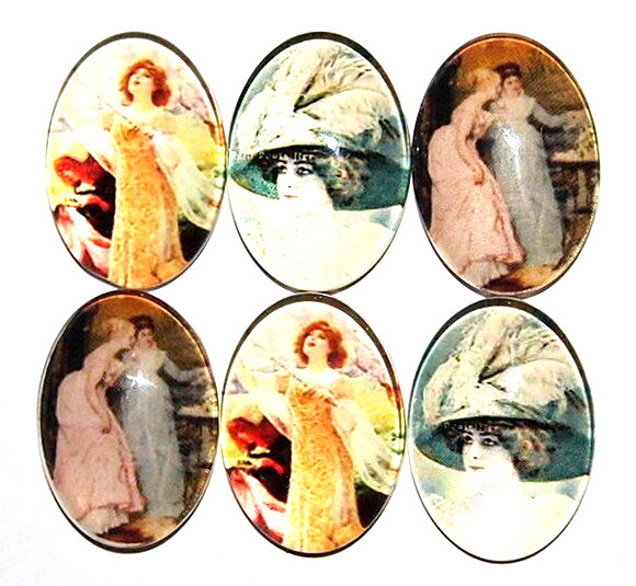 10 of 25x18mm Glass Victorian Art Deco Women Cameos, 5 Different Scenes, Nice