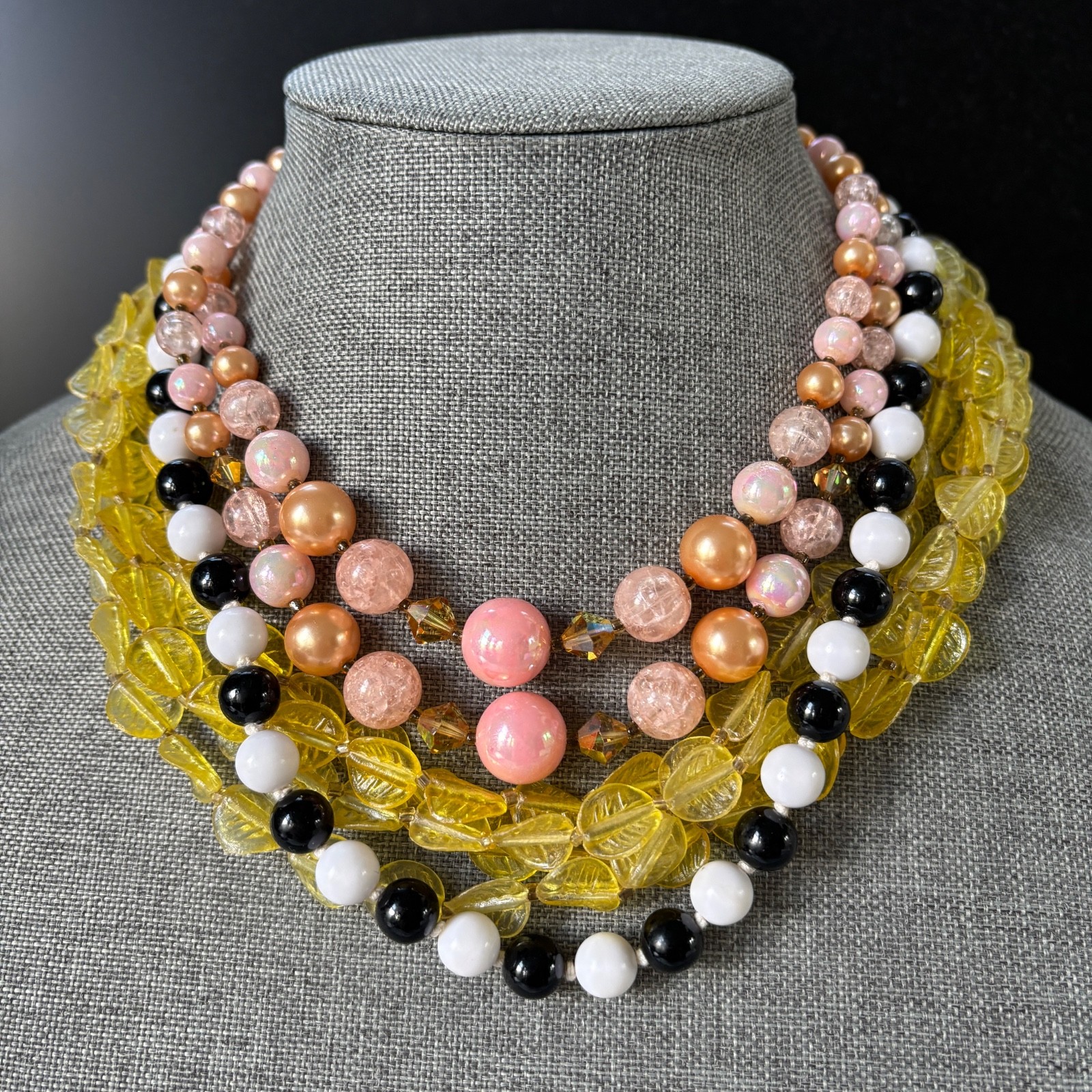 Vintage 1960s Hong Kong Japan Beaded Necklace Lot Pink Yellow Leaves Mod Plastic