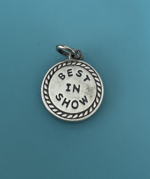 Vintage Sterling Silver Blue Best In Show Round Bracelet Charm Pendant Dog Tag