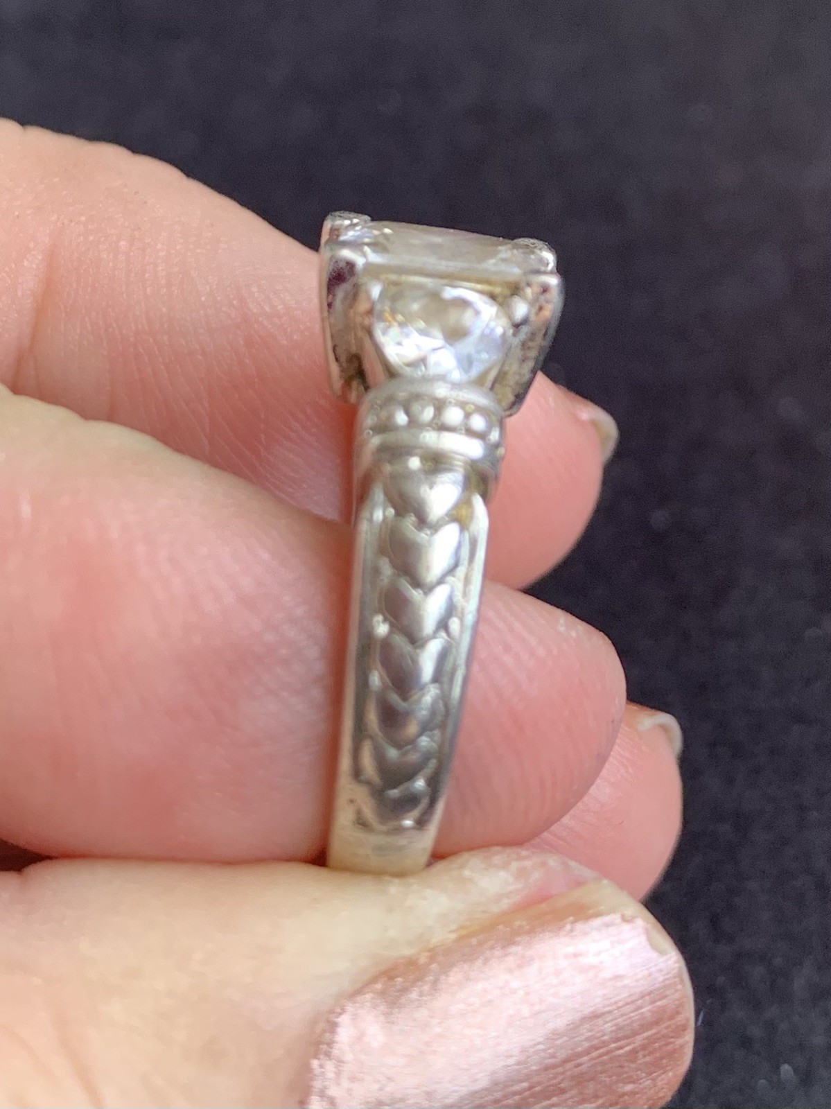 Vintage Sterling Silver 925 Ring Emerald Cut Clear 3 Stones Hearts in Design