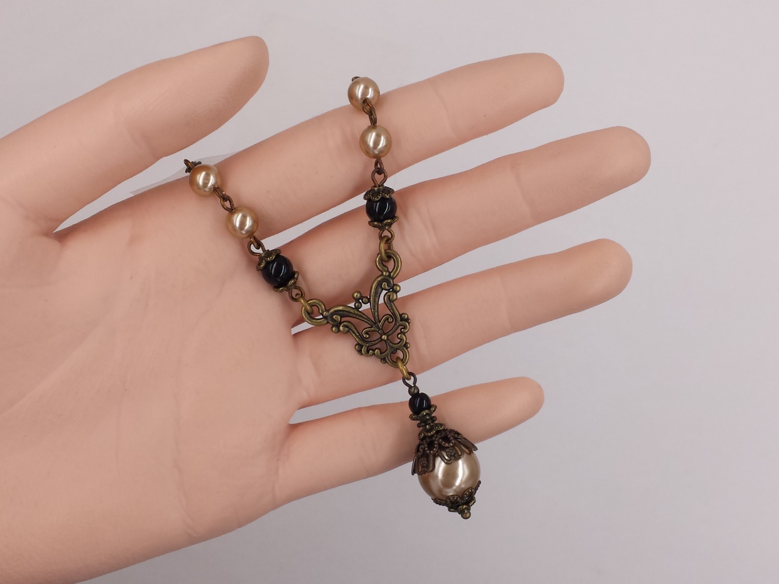 Art Nouveau Necklace Champagne Gold Crystal Pearl Black Bead Victorian Jewelry