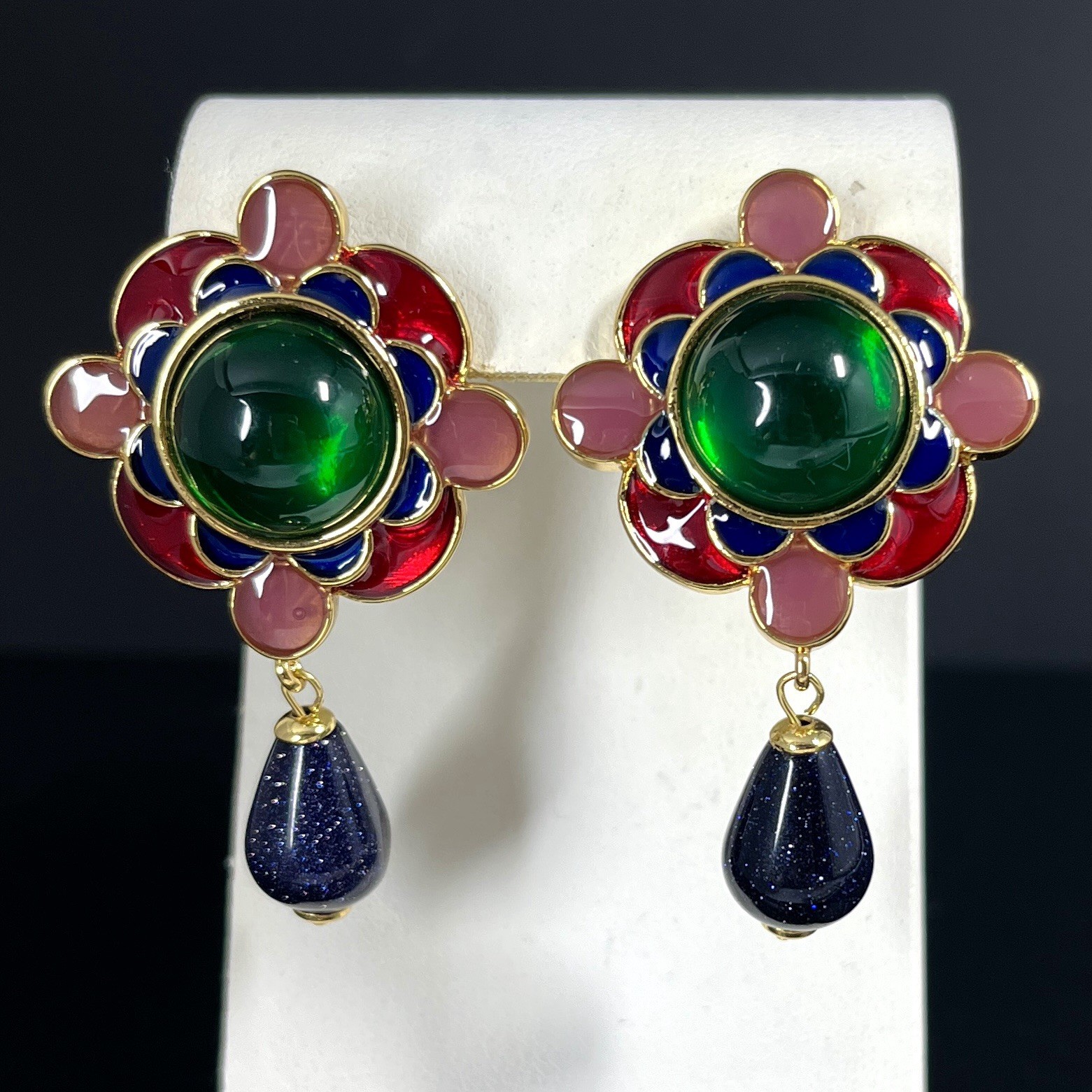 Gripoix Style Flower Earrings Enamel Glass Green Pink Gold Tone Cabochon Pierced