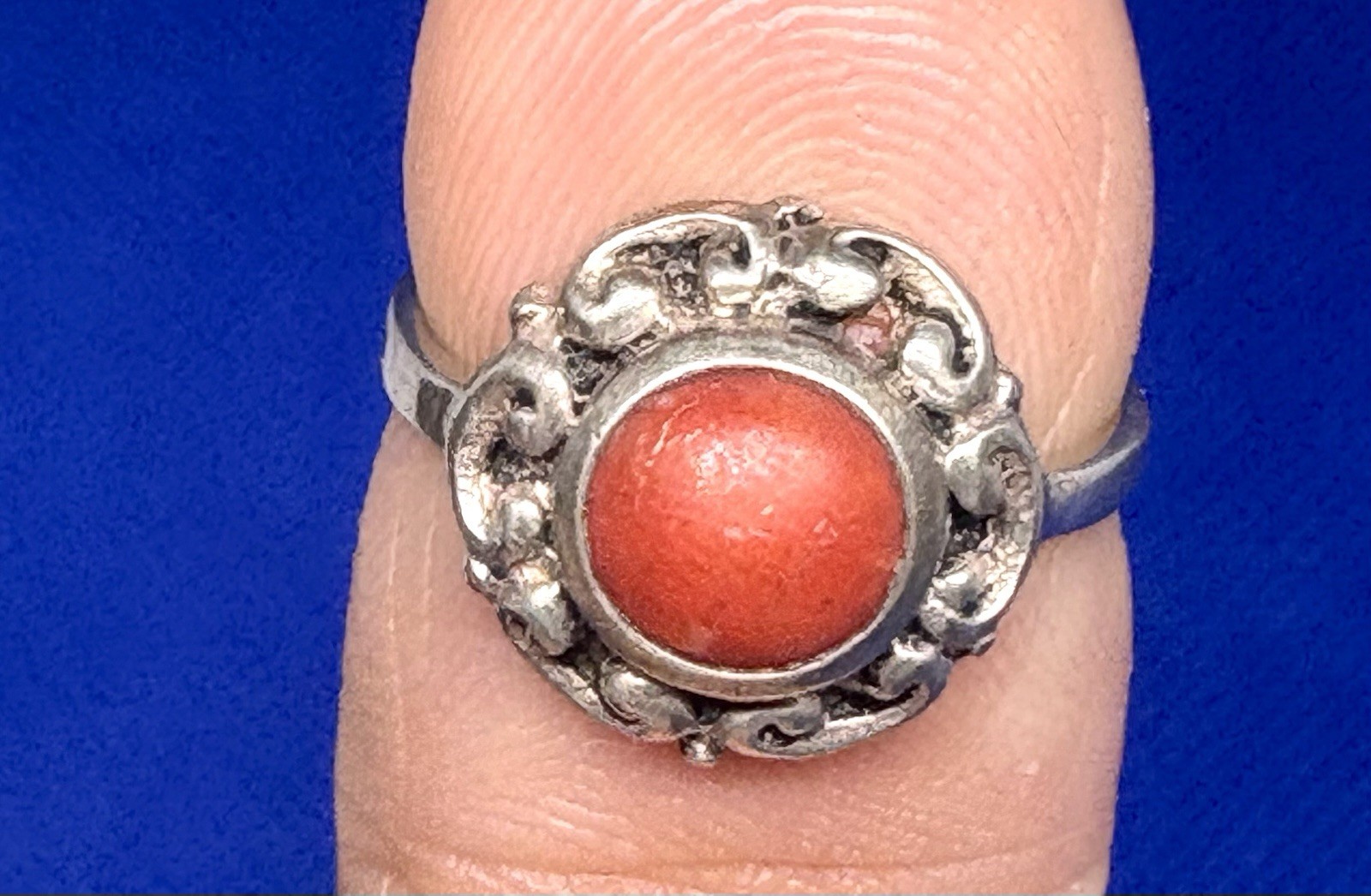 A11 Size 2 Christening ANTIQUE Historic 1890s 6mm Red Coral 835 Silver Ring