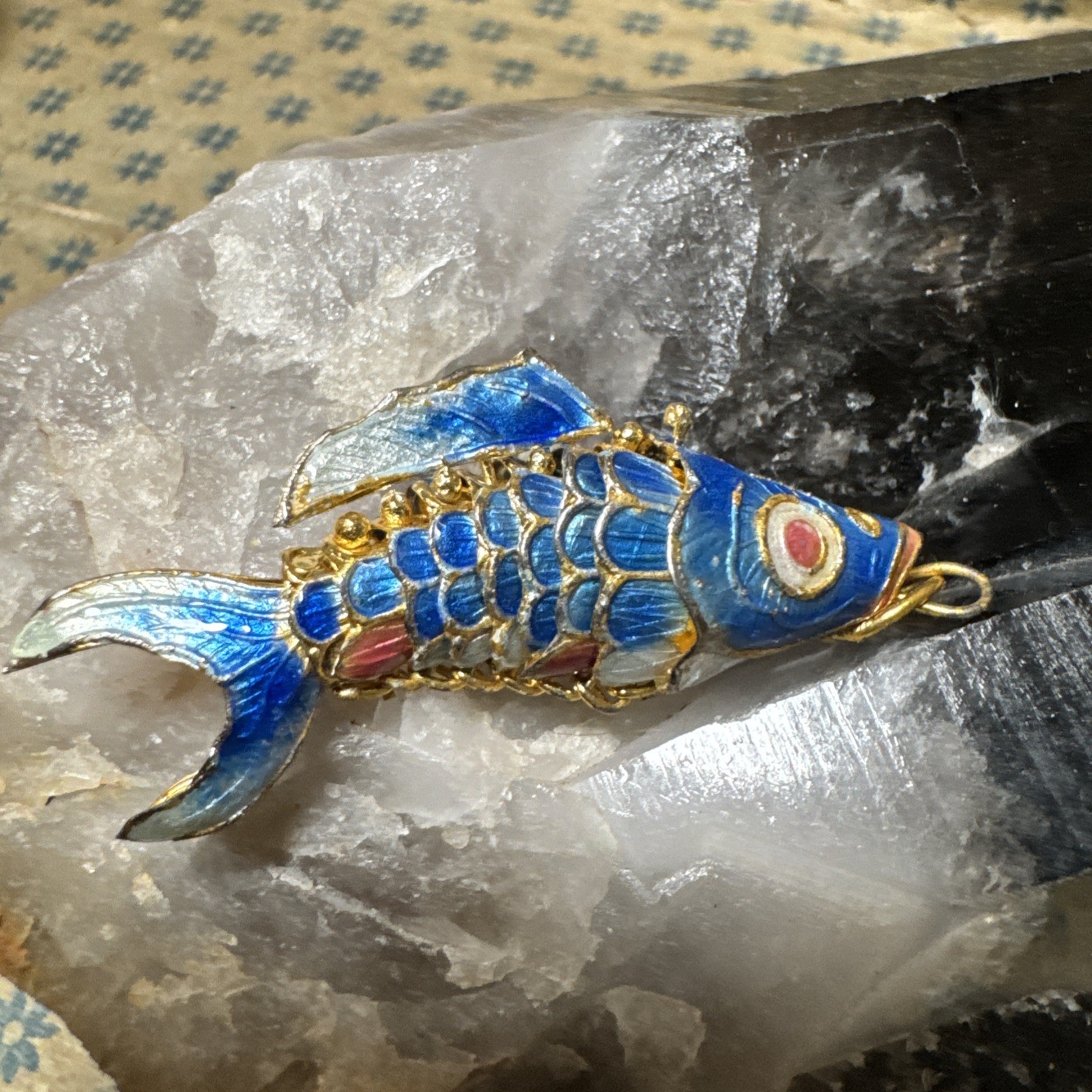 Vintage Koi Fish Cloisonne Blue White Pink Articulated Enamel Ornament Pendant