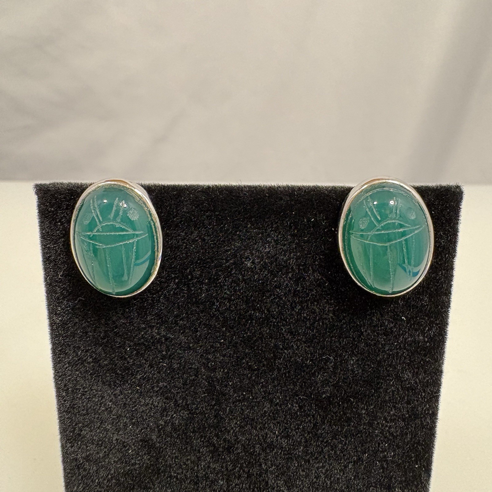 Vintage Green Carved Scarab Beetle Oval Stud Earrings by WRF Sterling Silver