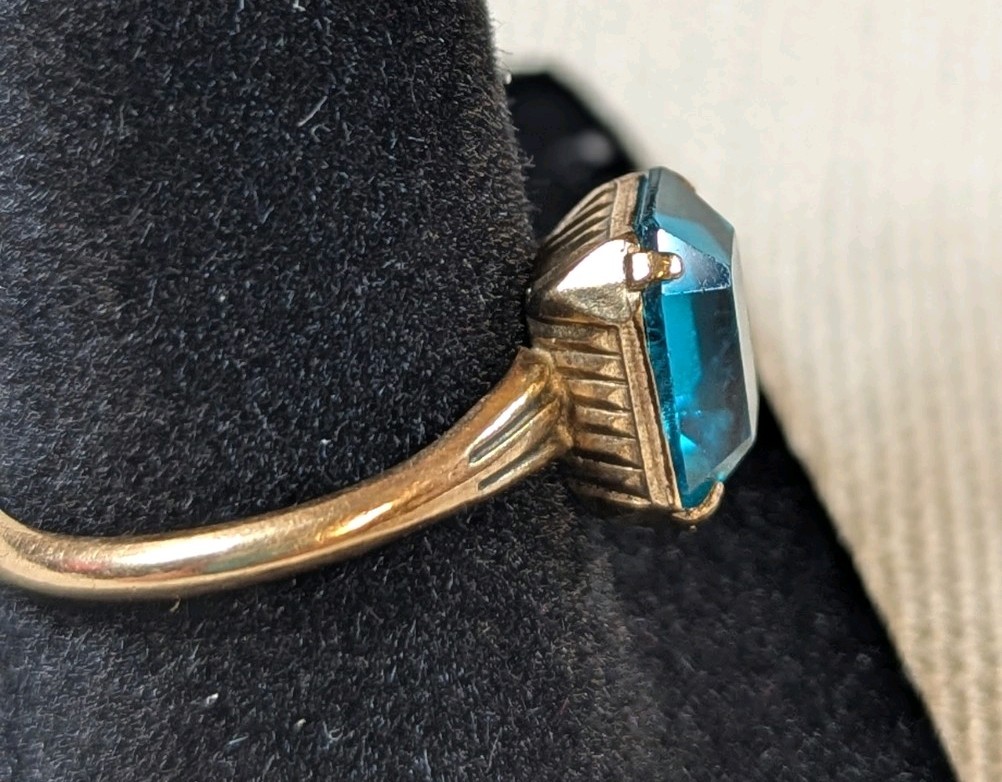 Vintage Teal Emerald Cut Statement Ring Sz 7.5 Art Deco Style Rolled Gold Plated