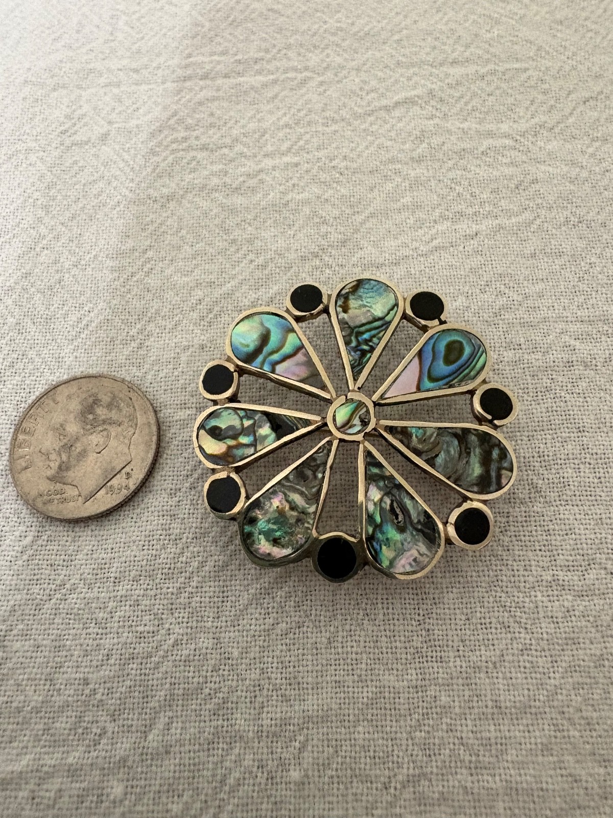 Brooch – Vintage Pin – Abalone and Metal Alloy – “Alpaca Mexico”