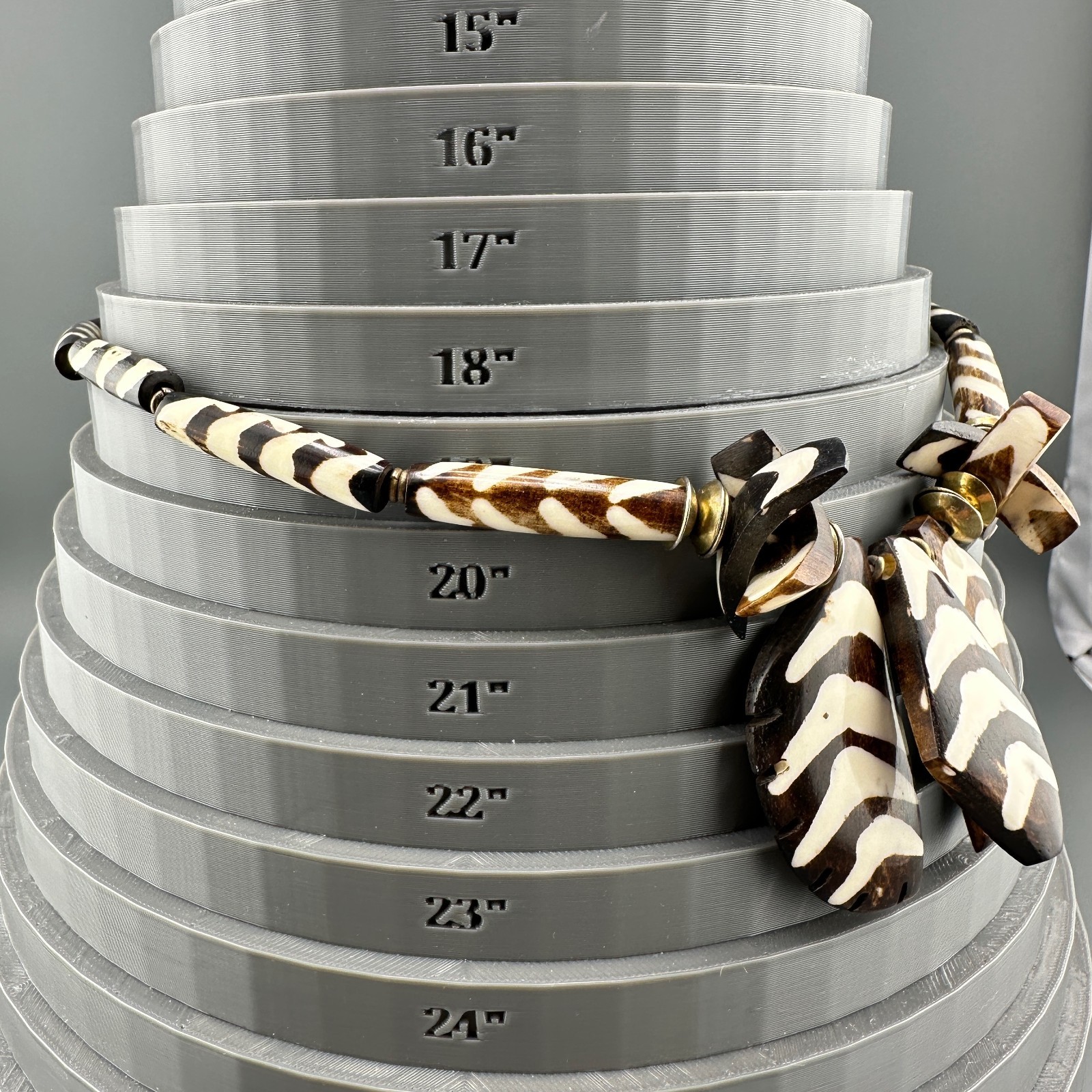 Vintage African Tribal Necklace Earrings Set Batik Bone Brown Cream Bovine Boho