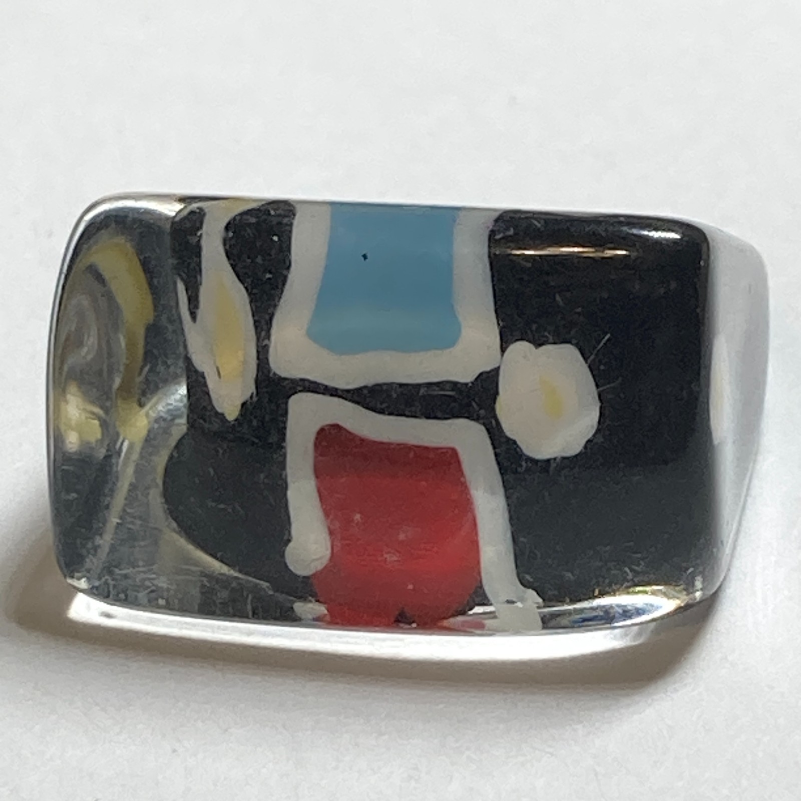 Vintage Acrylic Lucite Cocktail Ring Size 6 6.5 Black White Geometric Hand Made