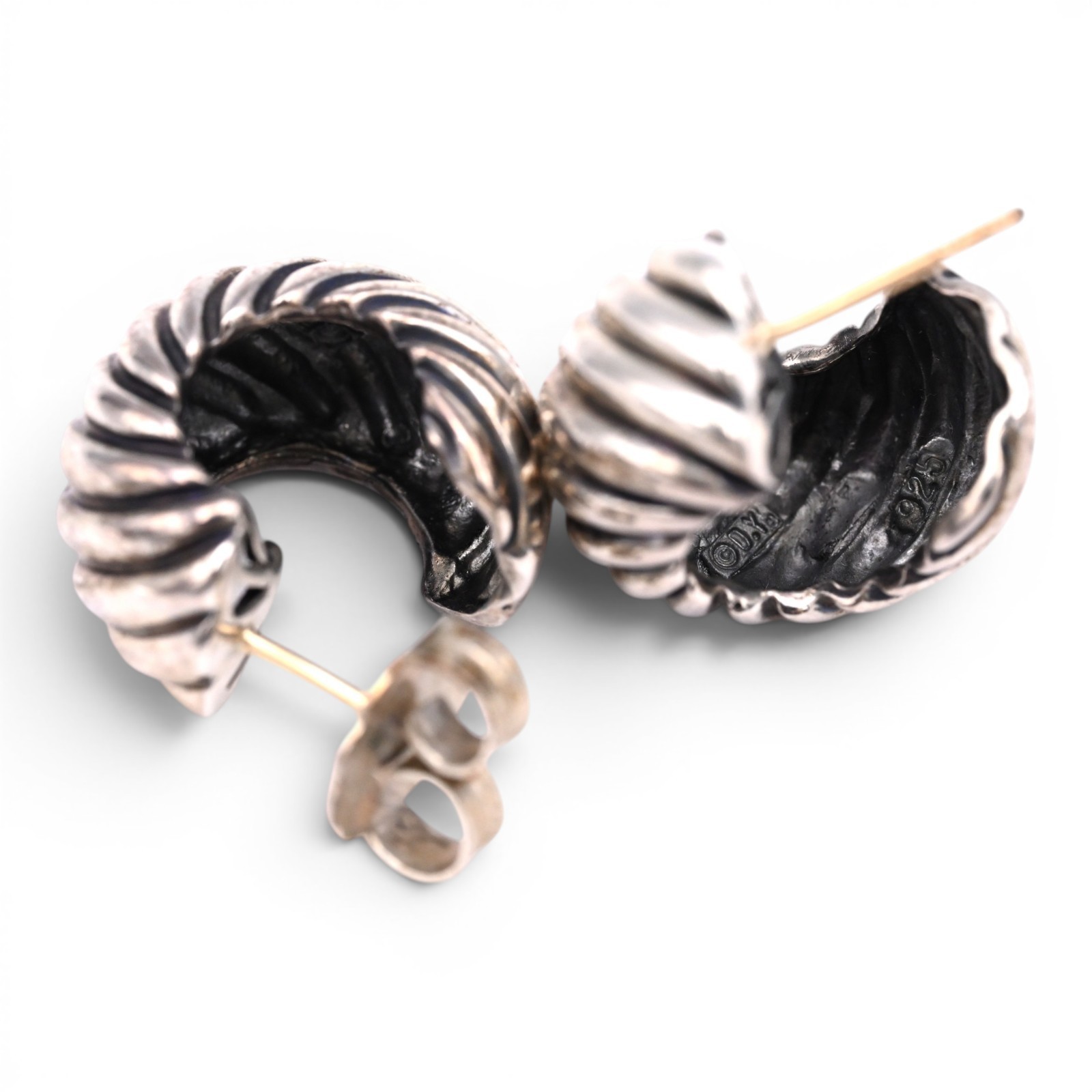 VINTAGE DAVID YURMAN CABLE SHRIMP HOOP EARRINGS STERLING SILVER 14K GOLD SIGNED