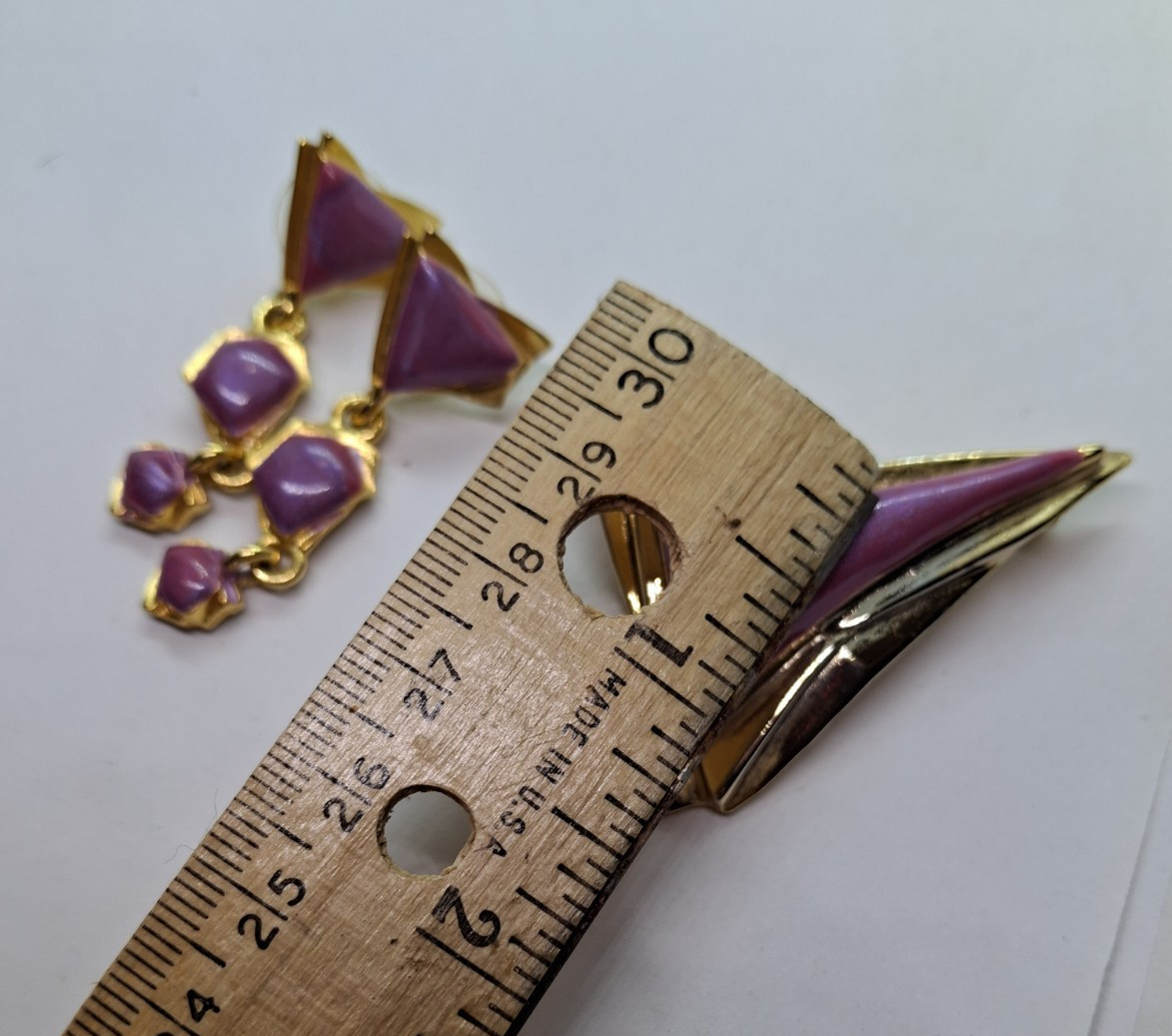 Vtg Enamel Brooch Pierced Earring Set Geo Mod Statement Retro Atomic
