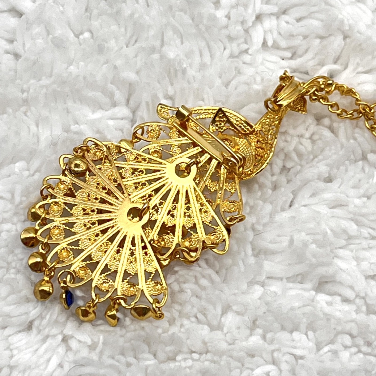 Vintage Peacock Necklace Filigree Pendant Brooch Combo Gold Tone 24″