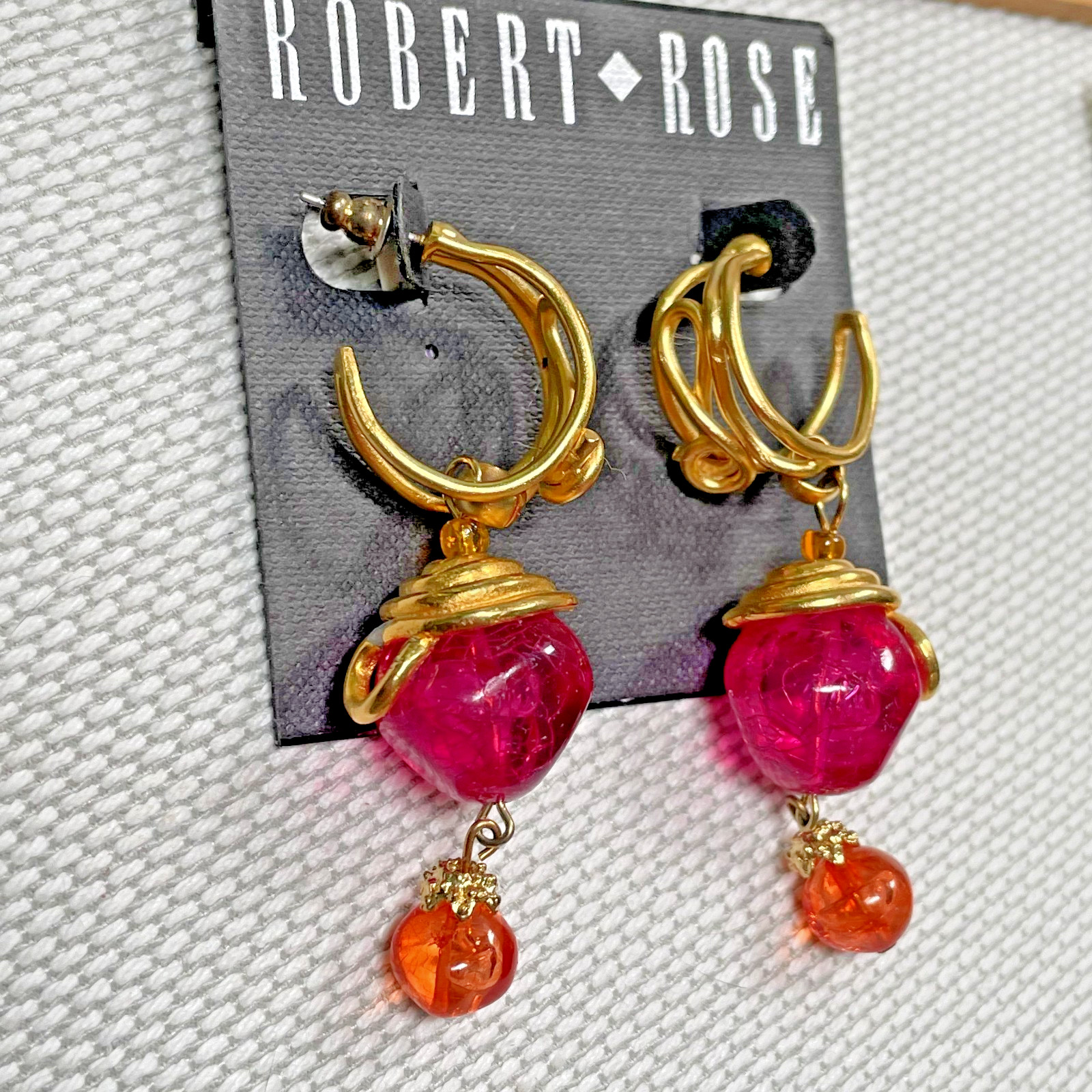 Vintage ROBERT ROSE Dangle Earrings Gold Tone & Violet & Red Lucite Beads 1970s