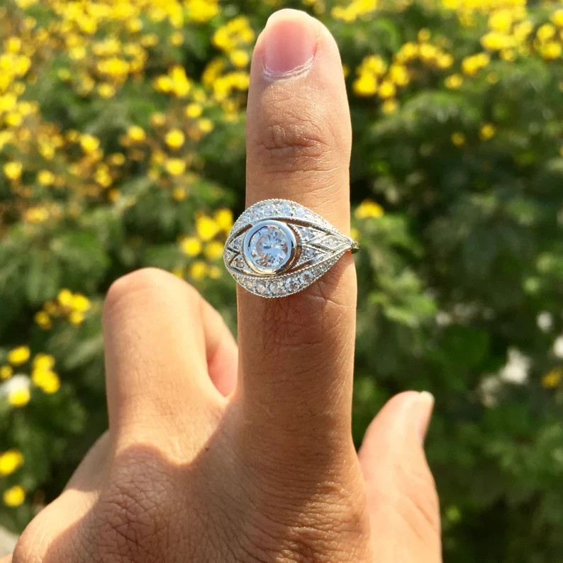 Art Deco Style Lab Created Diamond Bezel Set 14K White Gold FN Engagement Ring