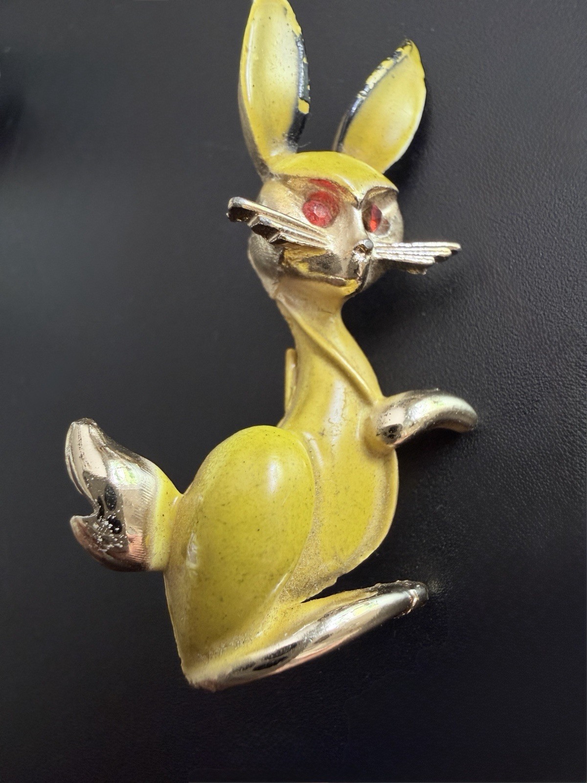 Mid Century Yellow Enamel Bunny Rabbit Brooch Red Rhinestone Eyes Whiskers Vtg