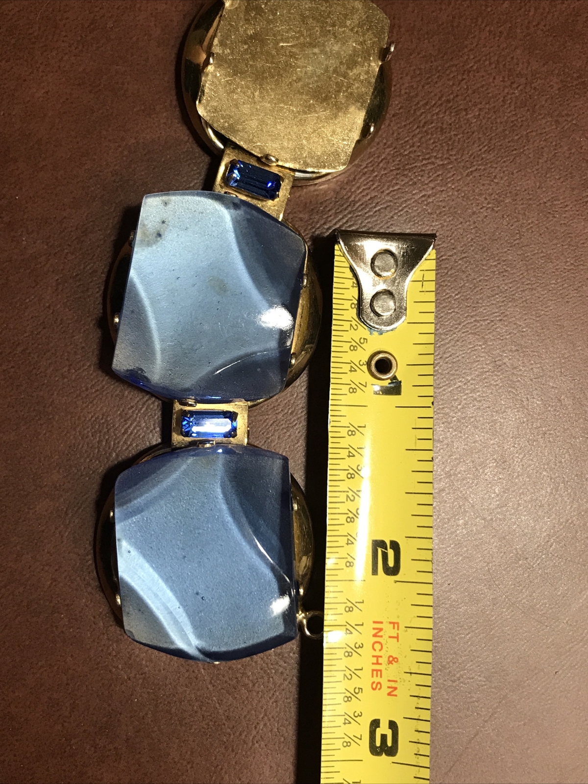 For Parts / TLC VTG Lucite Cabochon Clear Blue 5 Link Bracelet Thermoset Jewelry