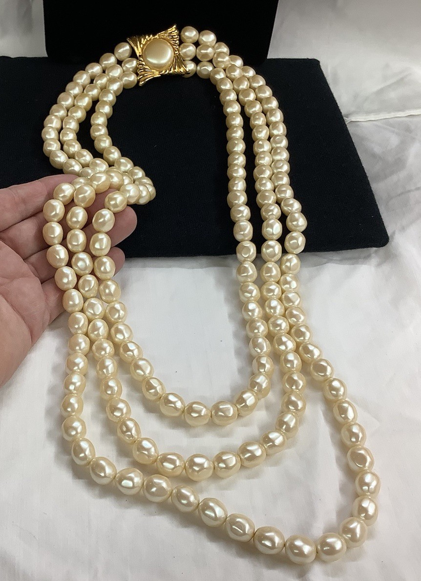 Large &Rare Vintage YSL Yves Saint Laurent 3 Strand Faux Baroque Pearl Necklace