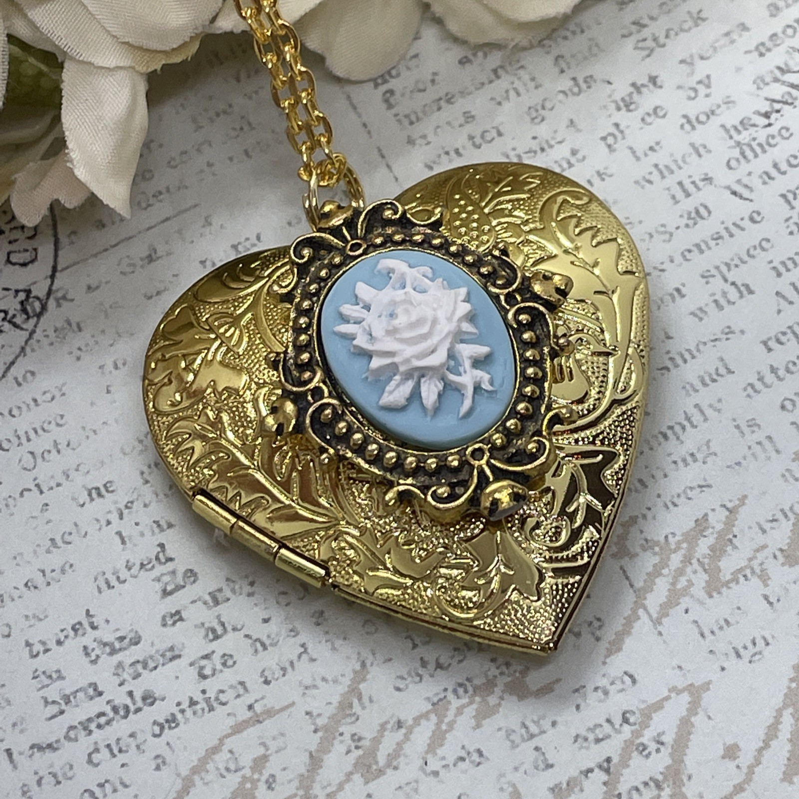Gold Heart Locket Photo Birthday Anniversary Wedding Blue Rose Cameo Necklace