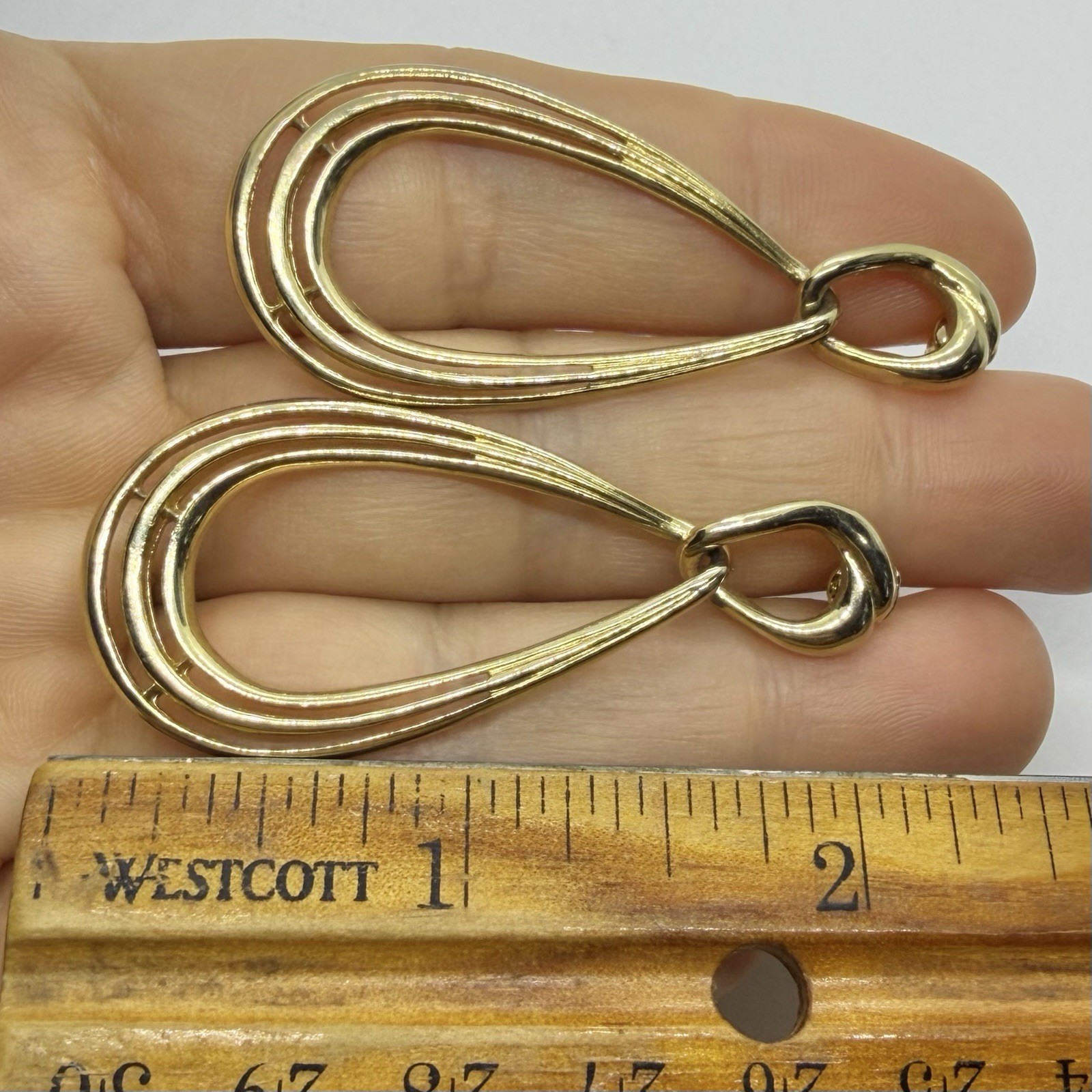Vtg Goldtone Teardrop Triple Hoop Statement Dangle Earrings Post