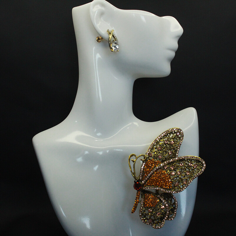 Vintage Large Size Brown Butterfly Zircon Alloy Corsage Brooch Collar Pin