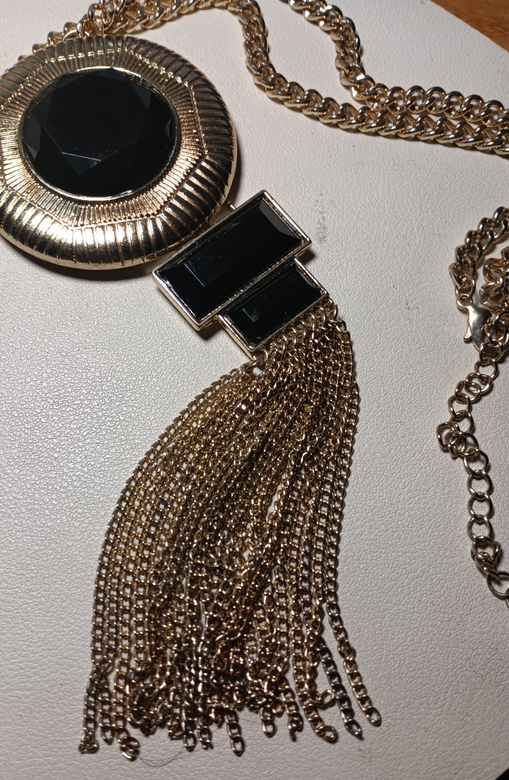 Vintage Chico’s Gold Tone Black Faceted Stone Tassel Pendant Statement Necklace