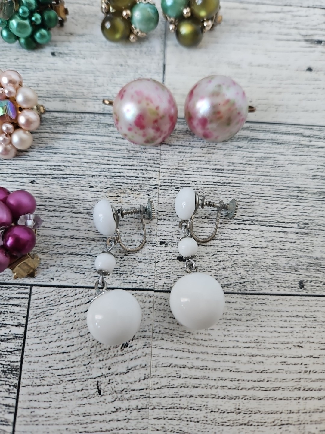 Vtg Lot 7 Pair Japan/Hong Kong Cluster Bead Clip On/screwback Earrings