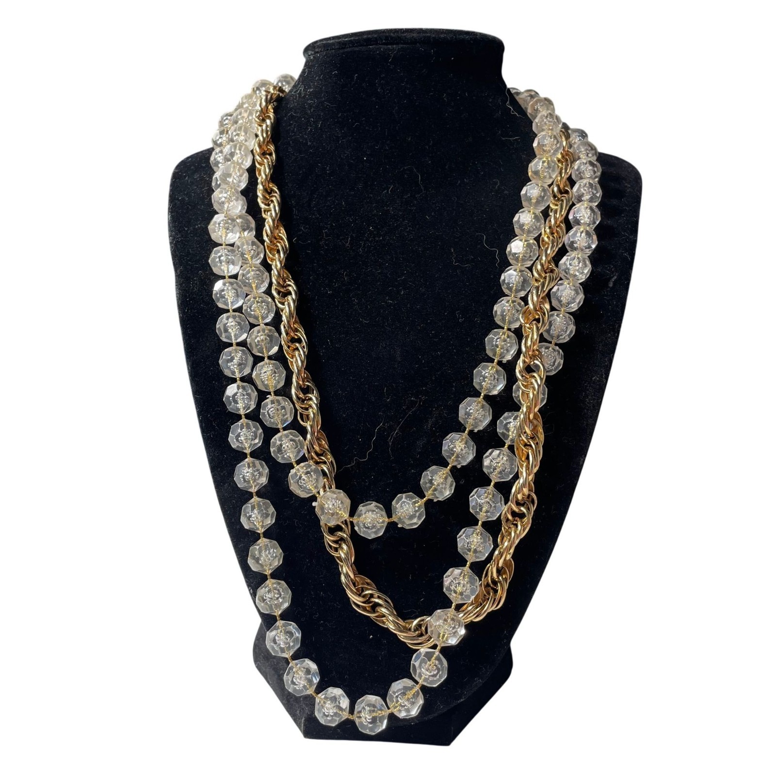 Sarah Coventry Golden Ice 3 strand necklace Lucite beads and gold tone rope chai
