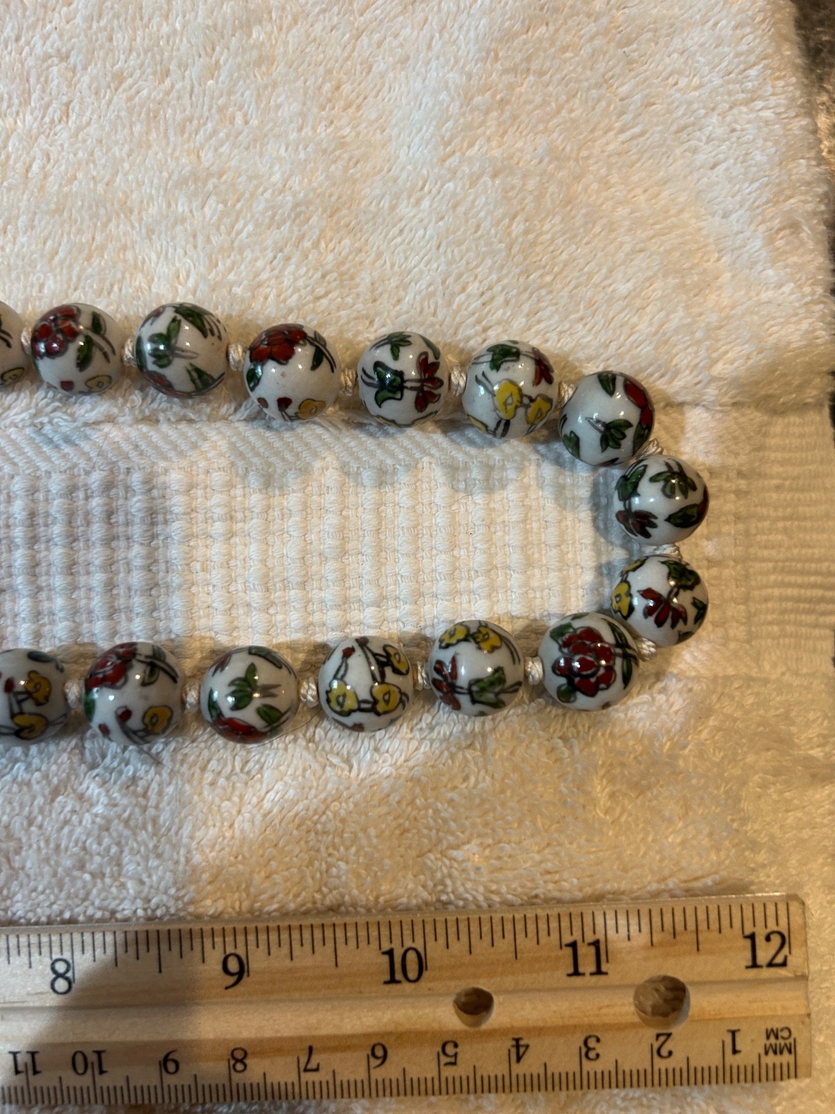 Vintage Cloisonné Enamel Beaded Necklace White Floral Hand Knotted