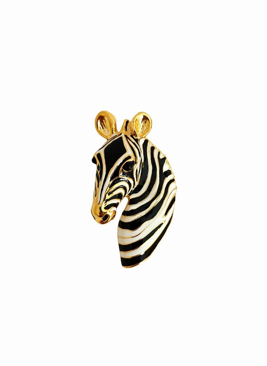 LARGE Vintage Zebra Brooch Black and White Enamel & Gold Tone
