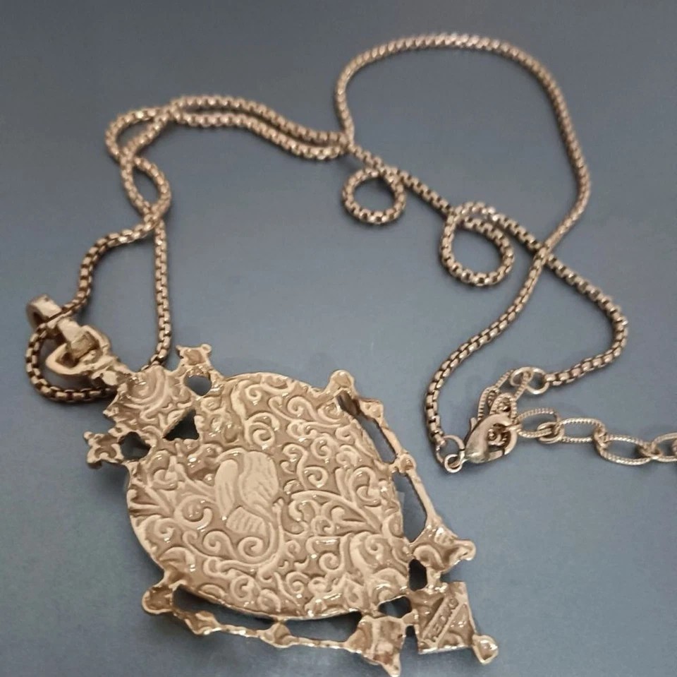 Vintage European Heart Enamel Necklace Charm Dove Inlay Retro Pendant Jewelry