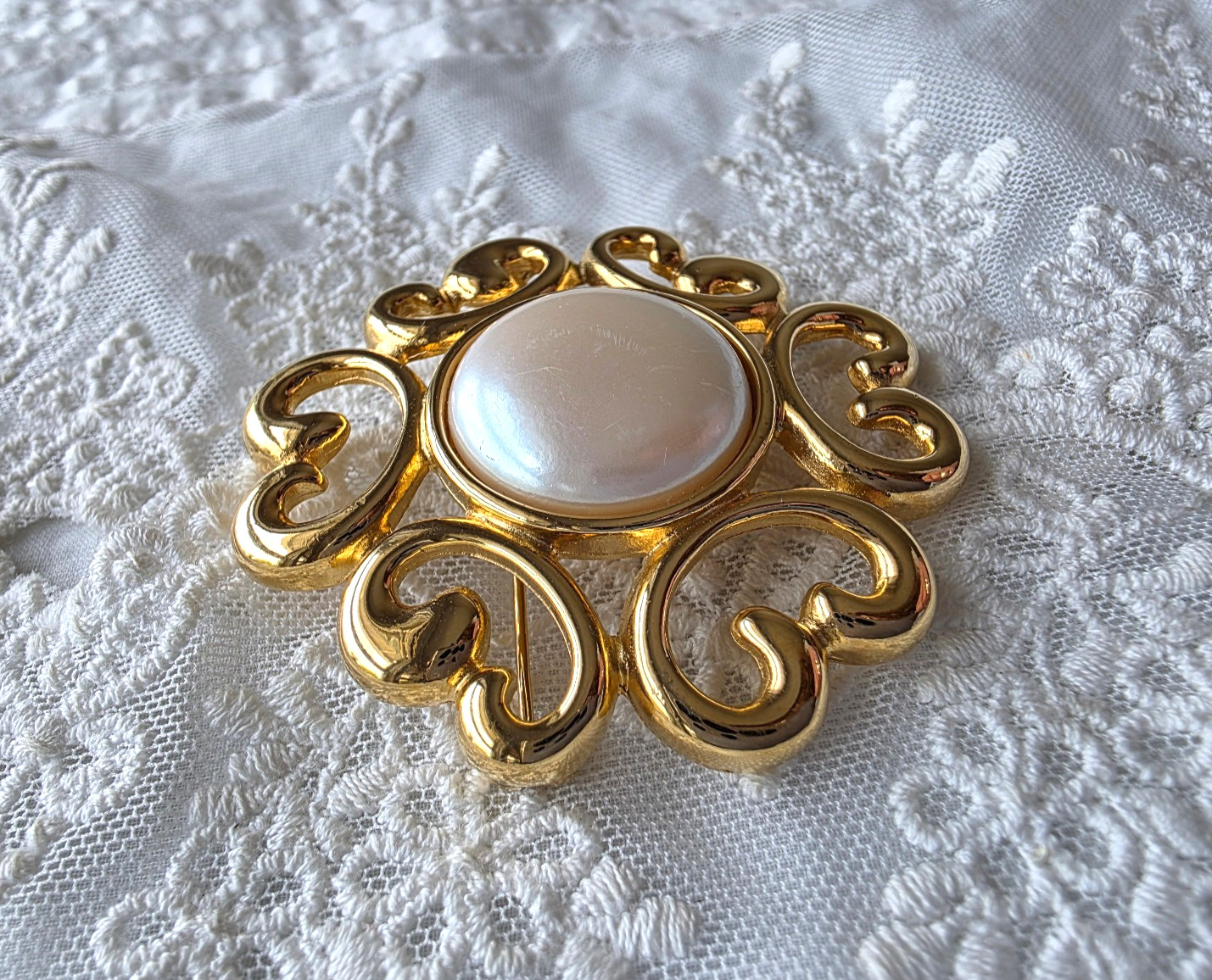 Vintage Signed Givenchy Brooch Pin Faux Pearl Open Work Gold Tone 2″