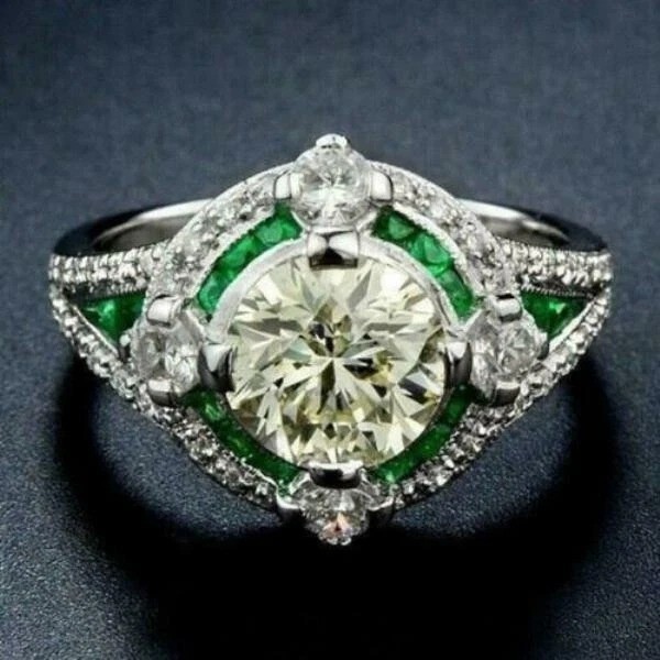2Ct Art Deco Style Lab Created Diamond & Emerald Wedding 14K White Gold FN Ring