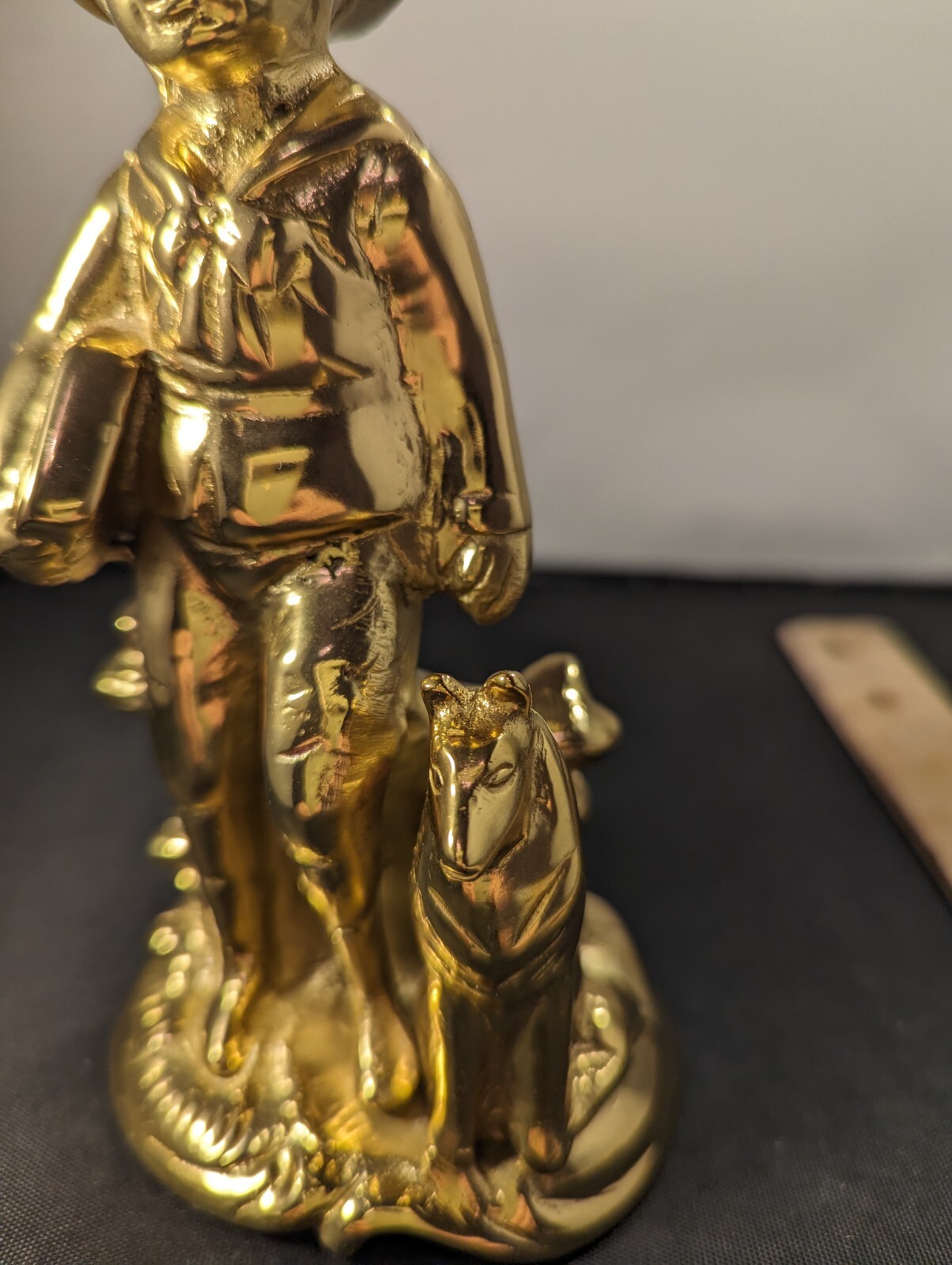 Brass Vtg Boy, Carrying Books, With His Dog By His Side, Statue, Paper Wte